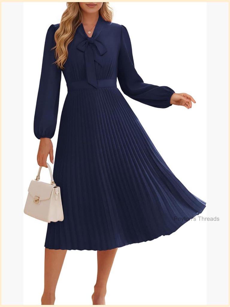 Long Sleeve V Neck Pleated A Line Midi Dress Casual Flowy